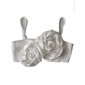 Zara White Satin Big Rose Applique Artsy Spaghetti Strap Cropped Bra Top XS